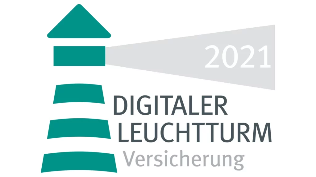 Logo des „Digitaler Leuchtturm“ Versicherung Award 2021 mit stilisiertem Leuchtturm und Lichtstrahl.