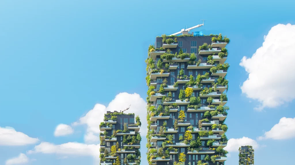 a tall building with plants on it
